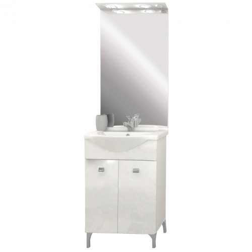 Toscano 57 komplett fürdőszobabútor kerámia mosdóval, tükörrel, ledvilágítással (2 ajtós), magasfényű festett fehér