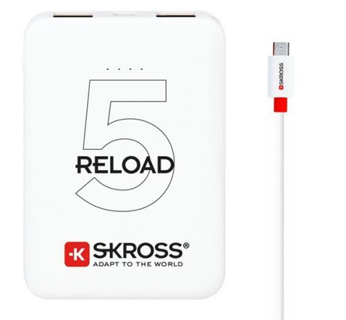 SKROSS RELOAD 5 vésztöltő 2 USB aljzat (5000mAh, 5W + microUSB kábel) FEHÉR