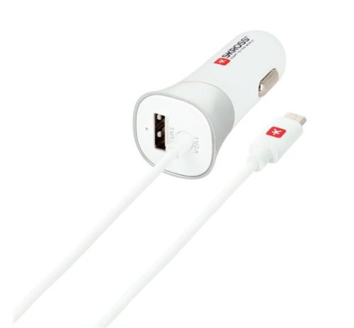 SKROSS autós töltő USB aljzat (15W, gyorstöltő 5.0 + fix microUSB kábel) FEHÉR