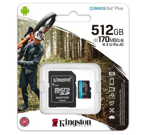 KINGSTON memóriakártya 512GB (microSDXC Canvas Go Plus - Class 10, V30, UHS-1, U3) + SD adapter