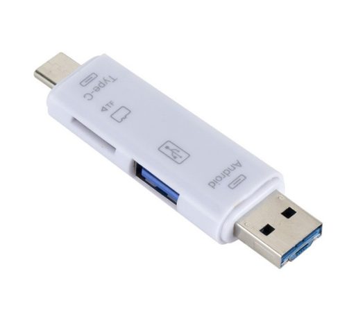 Adapter 5in1 (USB - microUSB - Type-C aljzat, microSD/pendrive olvasó, OTG) FEHÉR