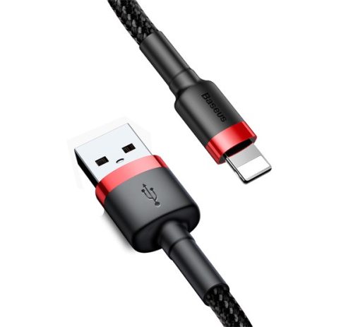 BASEUS CAFULE adatkábel (USB - lightning, 2.4A, gyorstöltő 3.0, 100cm, cipőfűző) FEKETE/PIROS