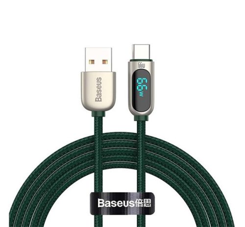 BASEUS adatkábel (USB - Type-C, 66W, gyorstöltő, 100cm, LED kijelző, cipőfűző) SÖTÉTZÖLD