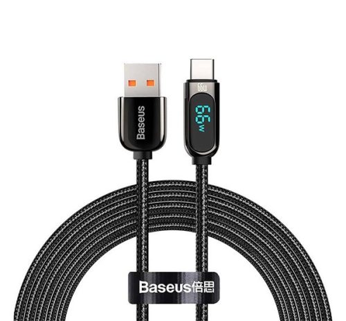 BASEUS adatkábel (USB - Type-C, 66W, gyorstöltő, 200cm, LED kijelző, cipőfűző) FEKETE