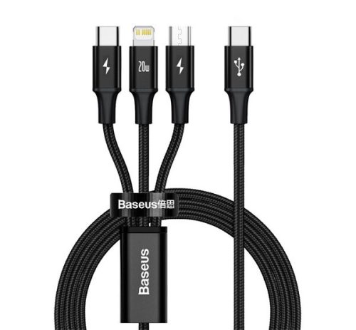 BASEUS RAPID töltőkábel 3in1 (Type-C - lightning/microUSB/Type-C, 3A, 20W, PD gyorstöltő, 150cm, cipőfűző) FEKETE