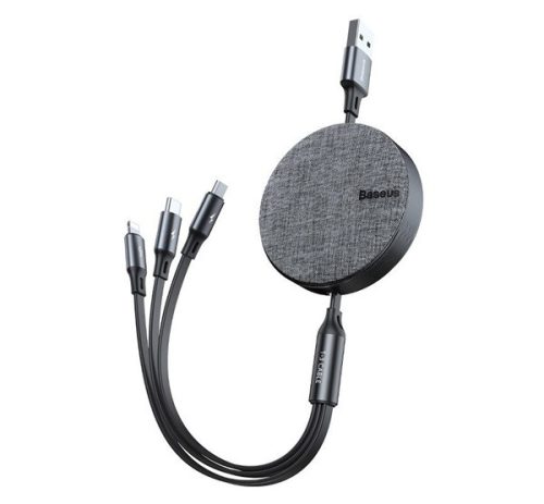 BASEUS FABRIC töltőkábel 3in1 (USB - lightning/microUSB/Type-C, 3.5A, 120cm, csévélhető) SÖTÉTSZÜRKE