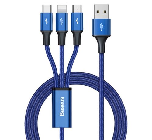 BASEUS RAPID töltőkábel 3in1 (USB - lightning/microUSB/Type-C, 3.5A, gyorstöltő, 120cm) SÖTÉTKÉK