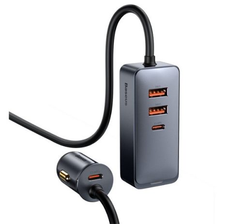 BASEUS szivargyújtó adapter (elosztó, 2 USB+2 Type-C aljzat, 24V, 120W, PD gyorstöltő, 150cm) SÖTÉTSZÜRKE