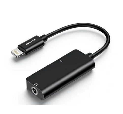 AWEI CL-121 audió adapter és töltőkábel (elosztó, lightning+3.5mm jack aljzat - lightning) FEKETE