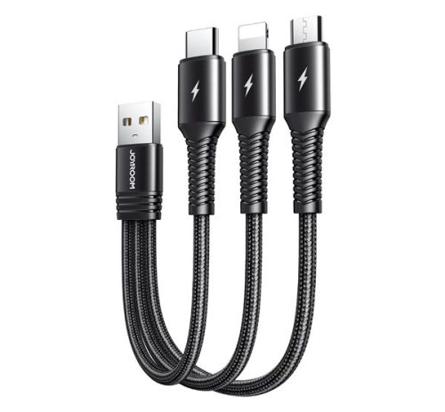 JOYROOM töltőkábel 3in1 (USB - lightning/Type-C/microUSB, 3.5A, gyorstöltő, 15cm) FEKETE