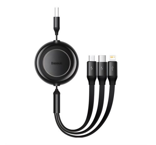 BASEUS adatkábel 3in1 (USB - lightning/microUSB/Type-C, 3.5A, 110cm, csévélhető) FEKETE