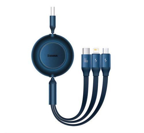 BASEUS adatkábel 3in1 (USB - lightning/microUSB/Type-C, 66W, 2A, 110cm, csévélhető) SÖTÉTKÉK