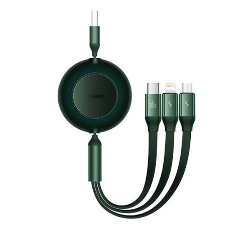 BASEUS adatkábel 3in1 (USB - lightning/microUSB/Type-C, 66W, 2A, 110cm, csévélhető) SÖTÉTZÖLD