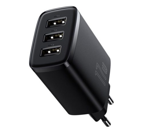 BASEUS COMPACT hálózati töltő 3 USB aljzat (17W, gyorstöltő) FEKETE