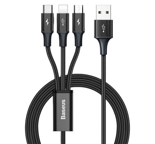 BASEUS RAPID töltőkábel 3in1 (USB - lightning/microUSB/Type-C, 3.5A, gyorstöltő, 120cm) FEKETE