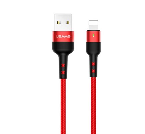 USAMS U26 adatkábel (USB - lightning, 2A, gyorstöltő, 100cm, törésgátló, LED jelzés) PIROS