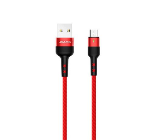 USAMS U26 adatkábel (USB - microUSB, 2A, gyorstöltő, 100cm, törésgátló, LED jelzés) PIROS