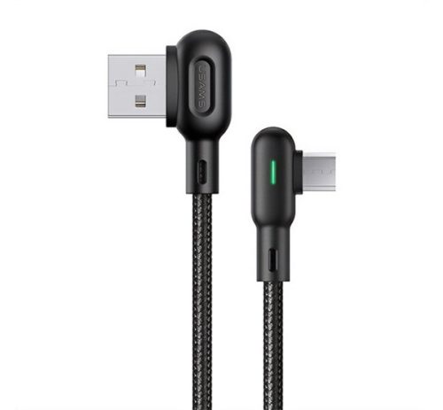 USAMS U57 adatkábel (USB - microUSB, 2A, gyorstöltő, 120cm, 90 fokos, cipőfűző) FEKETE