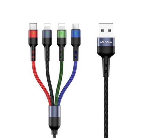 USAMS U26 adatkábel 4in1 (USB - 2 lightning/Type-C/microUSB, 2A, gyorstöltő, 35cm) FEKETE