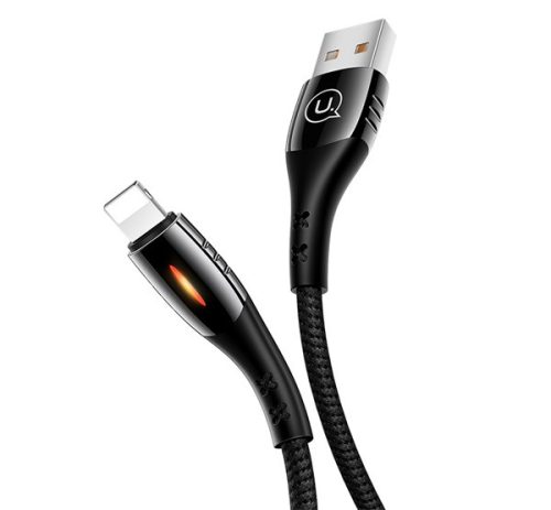 USAMS SJ344 adatkábel (USB - lightning, 2A, gyorstöltő, 120cm, cipőfűző, LED jelzés) FEKETE