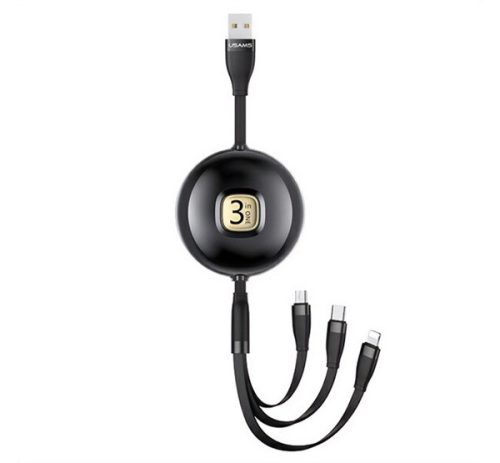 USAMS U69 adatkábel 3in1 (USB - lightning/microUSB/Type-C, 3A, 100cm, csévélhető) FEKETE