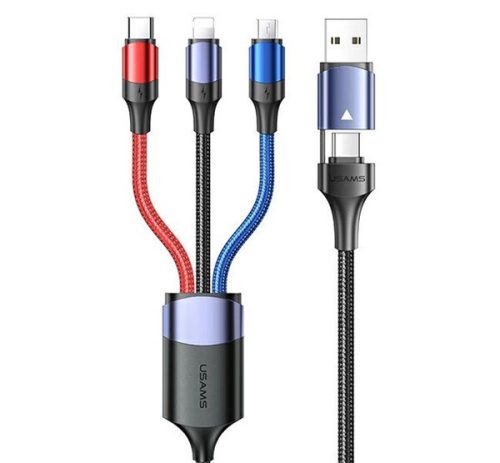 USAMS U71 adatkábel (2in1 USB/Type-C - 3in1 lightning/Type-C/microUSB, 3A, gyorstöltő, 120cm) FEKETE