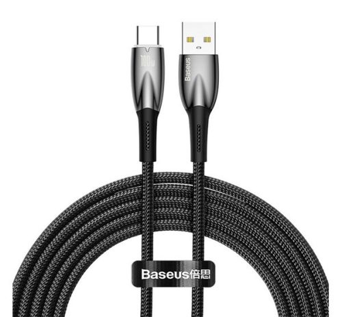 BASEUS GLIMMER adatkábel (USB - Type-C, 6A, 100W, gyorstöltő, 200cm, törésgátló) FEKETE