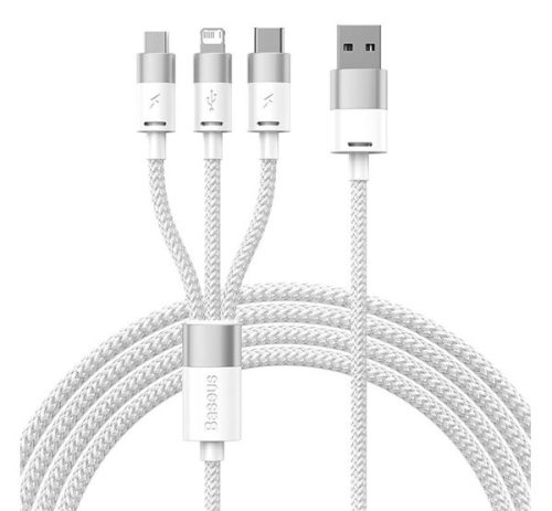 BASEUS töltőkábel 3in1 (USB - lightning/microUSB/Type-C, 17W, gyorstöltő, 120cm, cipőfűző) FEHÉR