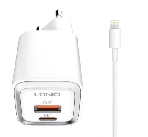 LDNIO A2318M hálózati töltő USB+Type-C aljzat (20W, PD gyorstöltő + lightning kábel) FEHÉR