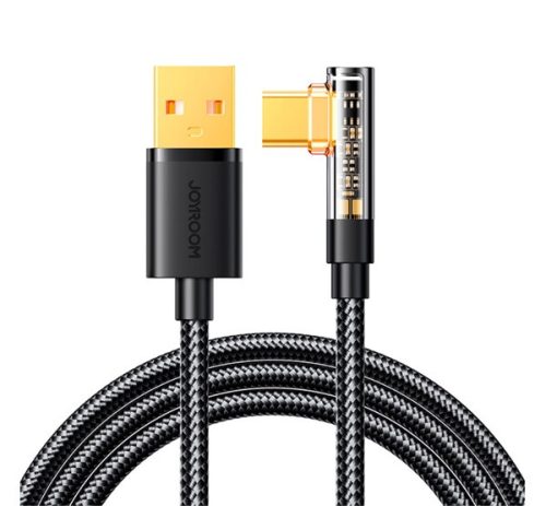 JOYROOM adatkábel (USB - Type-C, 3A, gyorstöltő, 120cm, 90 fokos, átlátszó, cipőfűző) FEKETE