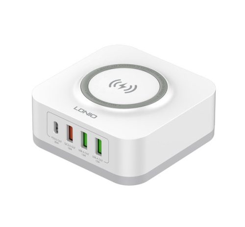 LDNIO hálózati töltő állomás 3 USB+Type-C aljzat (15W, PD gyorstöltő, wireless) FEHÉR