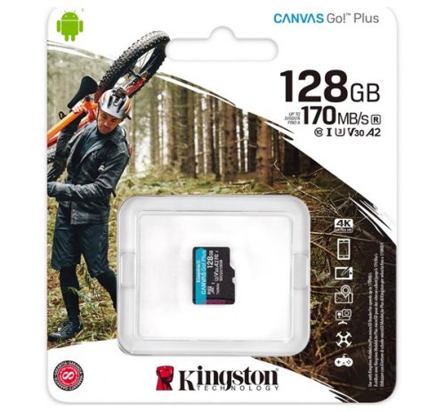 KINGSTON MEMÓRIAKÁRTYA 128GB (microSDXC Canvas Go Plus - Class 10, UHS-1, U3, V30, A2) - adapter nélkül