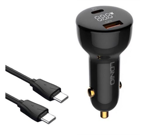 LDNIO autós töltő USB+Type-C aljzat (100W, PD gyorstöltő 3.0 + Type-C - Type-C kábel) FEKETE