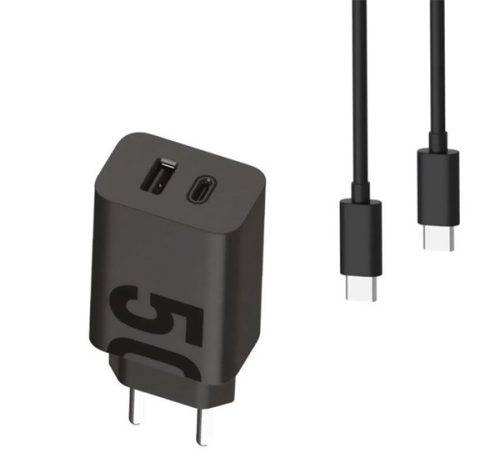 MOTOROLA TURBOPOWER hálózati töltő USB+Type-C aljzat (50W, PD gyorstöltő + Type-C kábel) FEKETE