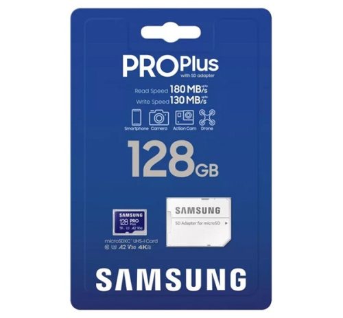 SAMSUNG memóriakártya 128GB (microSDXC PRO Plus - CLASS 10, UHS-1, U3, V30, A2, R180/W130) + SD adapter