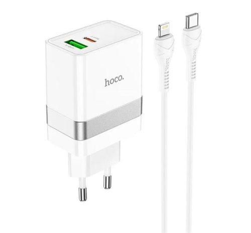 HOCO N21 hálózati töltő USB+Type-C aljzat (30W, PD gyorstöltő 3.0 + lightning kábel) FEHÉR