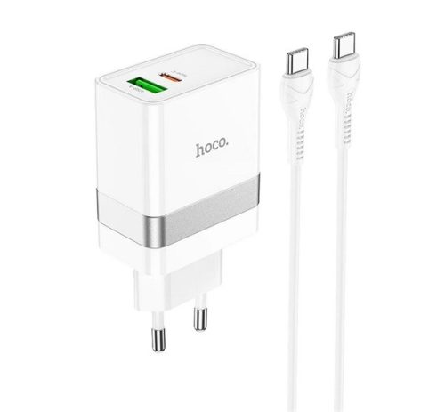 HOCO N21 hálózati töltő USB+Type-C aljzat (30W, PD gyorstöltő 3.0 + Type-C kábel) FEHÉR