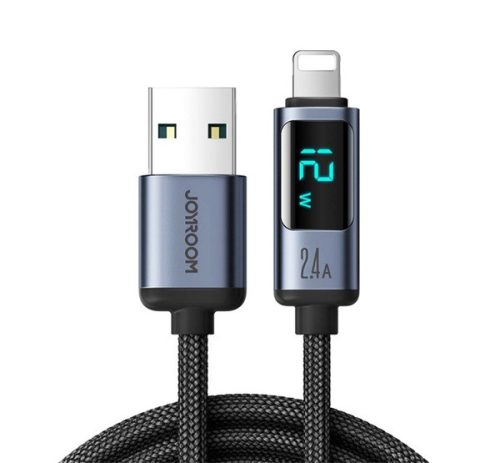 JOYROOM adatkábel (USB - lightning, 2.4A, PD gyorstöltő, 120cm, LED kijelző) FEKETE