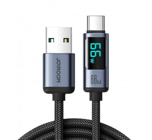 JOYROOM adatkábel (USB - Type-C, 66W, 120cm, PD gyorstöltő, LED kijelző) FEKETE