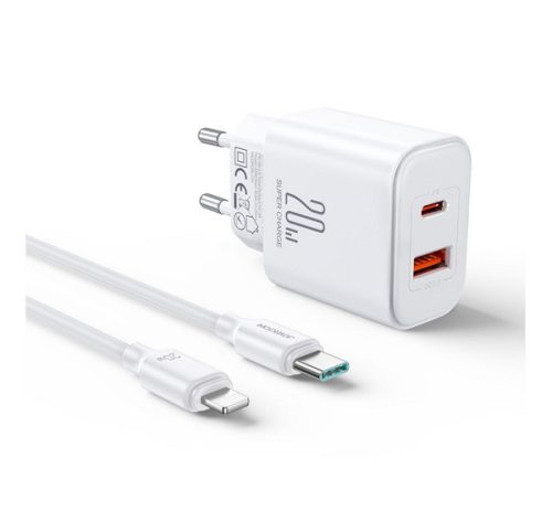 JOYROOM hálózati töltő USB+Type-C aljzat (20W, PD gyorstöltő + lightning kábel) FEHÉR