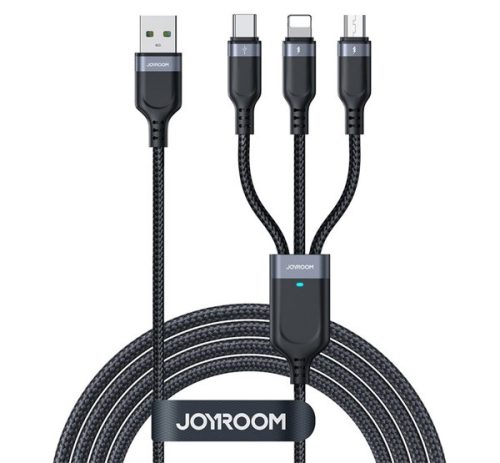 JOYROOM töltőkábel 3in1 (USB - lightning/microUSB/Type-C, 2.4A, 30cm, cipőfűző, LED jelzés) FEKETE