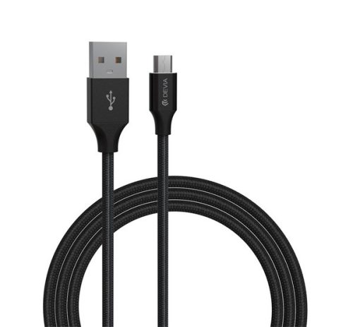 DEVIA GRACIOUS adatkábel (USB - microUSB, 2.1A, 200cm, cipőfűző) FEKETE