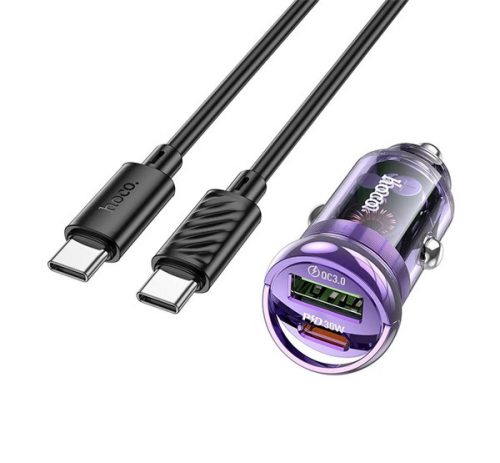 HOCO Z53A autós töltő USB+Type-C aljzat (30W, PD gyorstöltő + Type-C kábel) LILA