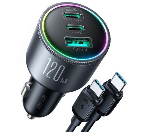 JOYROOM autós töltő USB+2 Type-C aljzat (120W, PD gyorstöltő 3.0 + Type-C kábel) FEKETE