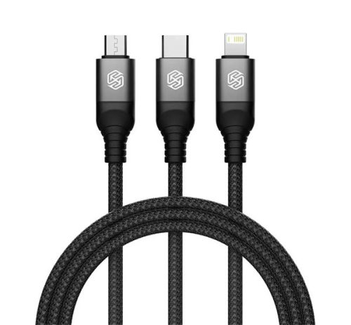 NILLKIN SWIFT PRO adatkábel 3in1 (USB - lightning/microUSB/Type-C, 4.4A, gyorstöltő, 150cm, cipőfűző) FEKETE