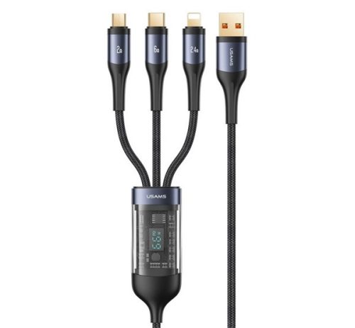 USAMS U83 töltőkábel 3in1 (USB - lightning/microUSB/Type-C, LED kijelző, 66W, 120cm, cipőfűző) FEKETE