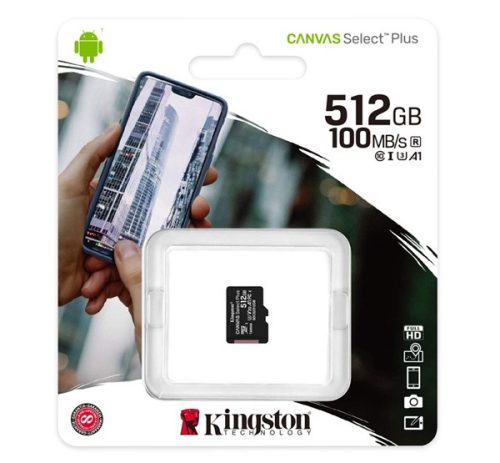 KINGSTON memóriakártya 512GB (microSDHC Canvas Select Plus - Class 10, UHS-1, U3, V30, A1) - adapter nélkül