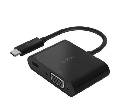 BELKIN adapter kábel (Type-C + VGA aljzat - Type-C, 60W, PD gyorstöltő, TV/MONITOR/PROJEKTOR) FEKETE