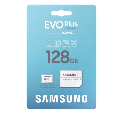 SAMSUNG memóriakártya 128GB (microSDXC EVOPlus Blue Wave - Class 10, UHS-1) + SD adapter