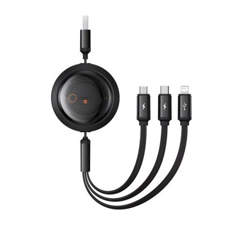 BASEUS FREE2DRAW adatkábel 3in1 (USB - lightning/microUSB/Type-C, 3.5A, gyorstöltő, 110cm, csévélhető) FEKETE